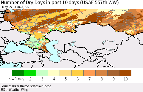 Russian Federation Number of Dry Days in past 10 days (USAF 557th WW) Thematic Map For 6/1/2021 - 6/5/2021