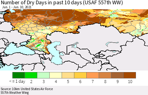 Russian Federation Number of Dry Days in past 10 days (USAF 557th WW) Thematic Map For 6/6/2021 - 6/10/2021