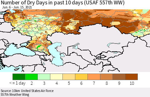 Russian Federation Number of Dry Days in past 10 days (USAF 557th WW) Thematic Map For 6/11/2021 - 6/15/2021