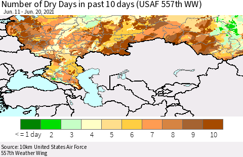 Russian Federation Number of Dry Days in past 10 days (USAF 557th WW) Thematic Map For 6/16/2021 - 6/20/2021