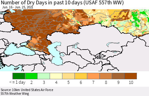Russian Federation Number of Dry Days in past 10 days (USAF 557th WW) Thematic Map For 6/21/2021 - 6/25/2021