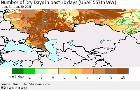 Russian Federation Number of Dry Days in past 10 days (USAF 557th WW) Thematic Map For 6/26/2021 - 6/30/2021