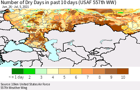 Russian Federation Number of Dry Days in past 10 days (USAF 557th WW) Thematic Map For 7/1/2021 - 7/5/2021