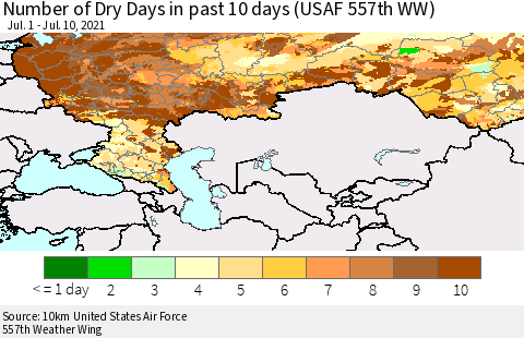 Russian Federation Number of Dry Days in past 10 days (USAF 557th WW) Thematic Map For 7/6/2021 - 7/10/2021