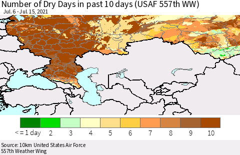 Russian Federation Number of Dry Days in past 10 days (USAF 557th WW) Thematic Map For 7/11/2021 - 7/15/2021