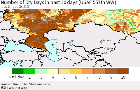 Russian Federation Number of Dry Days in past 10 days (USAF 557th WW) Thematic Map For 7/16/2021 - 7/20/2021