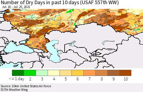 Russian Federation Number of Dry Days in past 10 days (USAF 557th WW) Thematic Map For 7/21/2021 - 7/25/2021