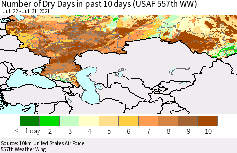 Russian Federation Number of Dry Days in past 10 days (USAF 557th WW) Thematic Map For 7/26/2021 - 7/31/2021