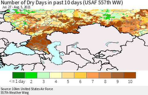 Russian Federation Number of Dry Days in past 10 days (USAF 557th WW) Thematic Map For 8/1/2021 - 8/5/2021