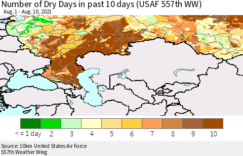 Russian Federation Number of Dry Days in past 10 days (USAF 557th WW) Thematic Map For 8/6/2021 - 8/10/2021