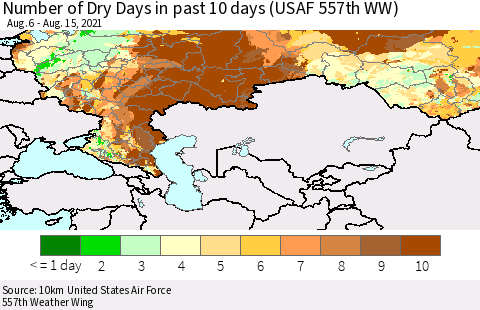 Russian Federation Number of Dry Days in past 10 days (USAF 557th WW) Thematic Map For 8/11/2021 - 8/15/2021