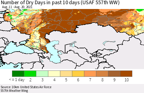 Russian Federation Number of Dry Days in past 10 days (USAF 557th WW) Thematic Map For 8/16/2021 - 8/20/2021