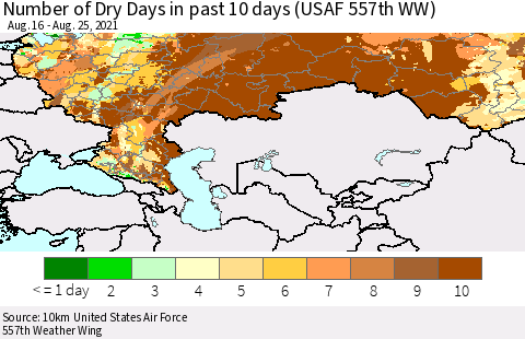 Russian Federation Number of Dry Days in past 10 days (USAF 557th WW) Thematic Map For 8/21/2021 - 8/25/2021