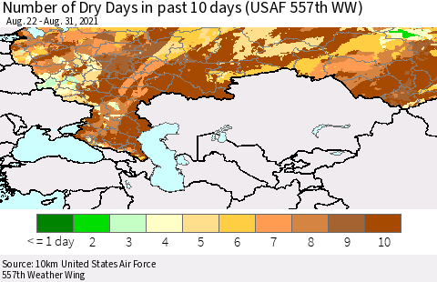 Russian Federation Number of Dry Days in past 10 days (USAF 557th WW) Thematic Map For 8/26/2021 - 8/31/2021