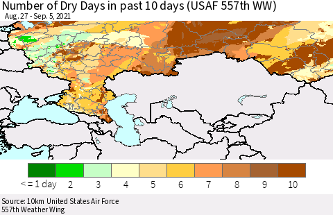 Russian Federation Number of Dry Days in past 10 days (USAF 557th WW) Thematic Map For 9/1/2021 - 9/5/2021
