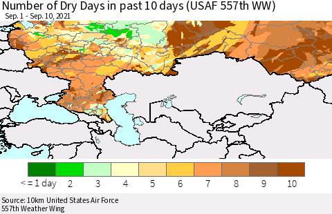 Russian Federation Number of Dry Days in past 10 days (USAF 557th WW) Thematic Map For 9/6/2021 - 9/10/2021