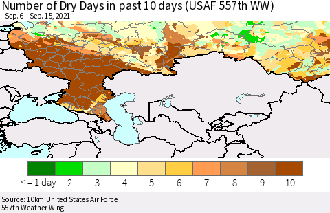 Russian Federation Number of Dry Days in past 10 days (USAF 557th WW) Thematic Map For 9/11/2021 - 9/15/2021
