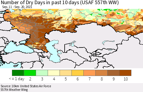 Russian Federation Number of Dry Days in past 10 days (USAF 557th WW) Thematic Map For 9/16/2021 - 9/20/2021