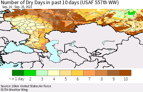 Russian Federation Number of Dry Days in past 10 days (USAF 557th WW) Thematic Map For 9/21/2021 - 9/25/2021