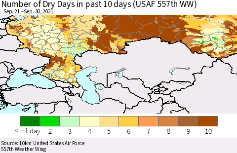 Russian Federation Number of Dry Days in past 10 days (USAF 557th WW) Thematic Map For 9/26/2021 - 9/30/2021
