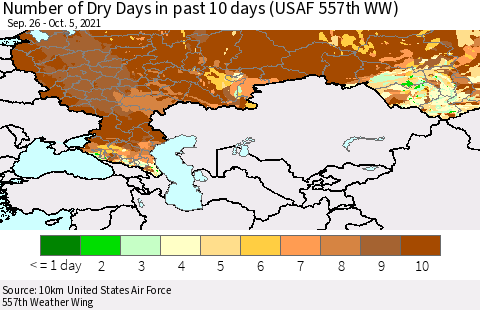 Russian Federation Number of Dry Days in past 10 days (USAF 557th WW) Thematic Map For 10/1/2021 - 10/5/2021