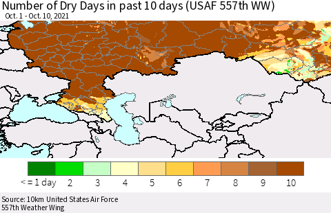 Russian Federation Number of Dry Days in past 10 days (USAF 557th WW) Thematic Map For 10/6/2021 - 10/10/2021