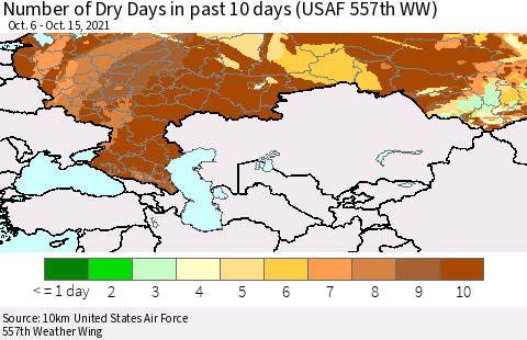 Russian Federation Number of Dry Days in past 10 days (USAF 557th WW) Thematic Map For 10/11/2021 - 10/15/2021