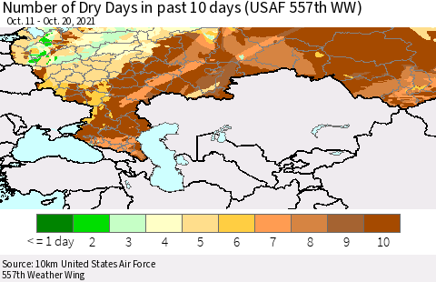 Russian Federation Number of Dry Days in past 10 days (USAF 557th WW) Thematic Map For 10/16/2021 - 10/20/2021