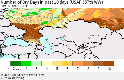 Russian Federation Number of Dry Days in past 10 days (USAF 557th WW) Thematic Map For 10/21/2021 - 10/25/2021