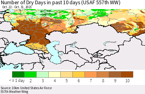 Russian Federation Number of Dry Days in past 10 days (USAF 557th WW) Thematic Map For 10/26/2021 - 10/31/2021