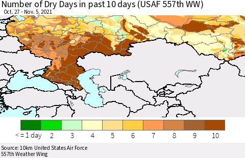 Russian Federation Number of Dry Days in past 10 days (USAF 557th WW) Thematic Map For 11/1/2021 - 11/5/2021