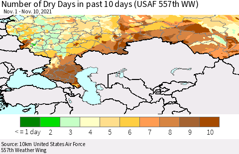 Russian Federation Number of Dry Days in past 10 days (USAF 557th WW) Thematic Map For 11/6/2021 - 11/10/2021