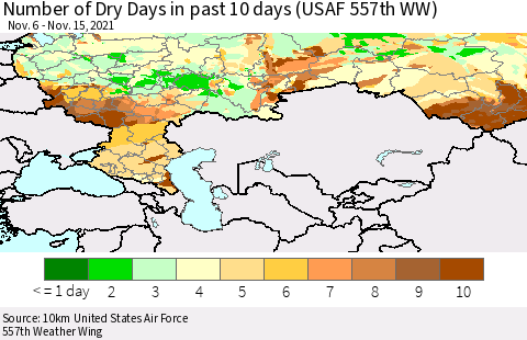 Russian Federation Number of Dry Days in past 10 days (USAF 557th WW) Thematic Map For 11/11/2021 - 11/15/2021