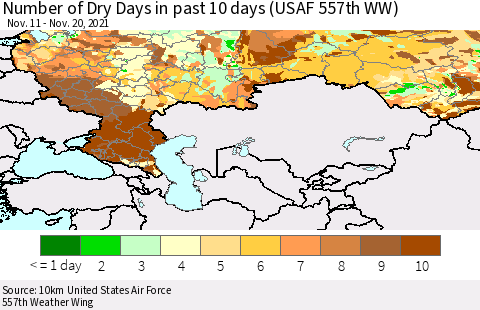 Russian Federation Number of Dry Days in past 10 days (USAF 557th WW) Thematic Map For 11/16/2021 - 11/20/2021