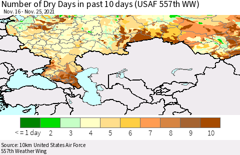 Russian Federation Number of Dry Days in past 10 days (USAF 557th WW) Thematic Map For 11/21/2021 - 11/25/2021