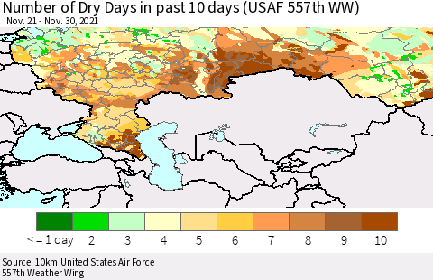 Russian Federation Number of Dry Days in past 10 days (USAF 557th WW) Thematic Map For 11/26/2021 - 11/30/2021