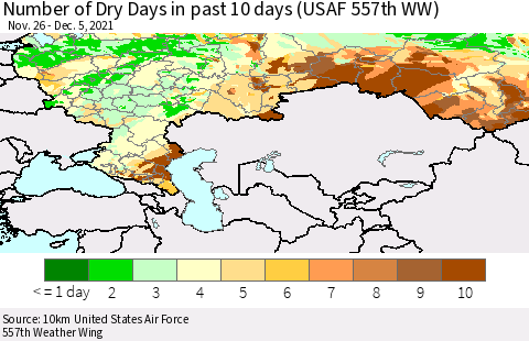Russian Federation Number of Dry Days in past 10 days (USAF 557th WW) Thematic Map For 12/1/2021 - 12/5/2021