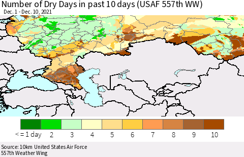 Russian Federation Number of Dry Days in past 10 days (USAF 557th WW) Thematic Map For 12/6/2021 - 12/10/2021