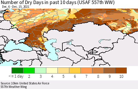Russian Federation Number of Dry Days in past 10 days (USAF 557th WW) Thematic Map For 12/11/2021 - 12/15/2021