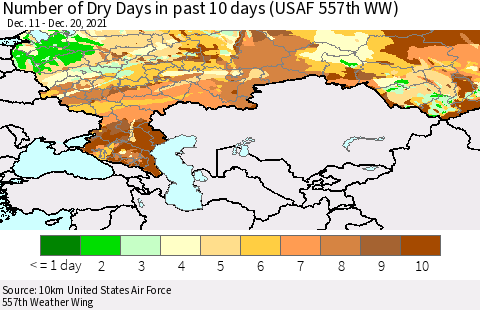 Russian Federation Number of Dry Days in past 10 days (USAF 557th WW) Thematic Map For 12/16/2021 - 12/20/2021