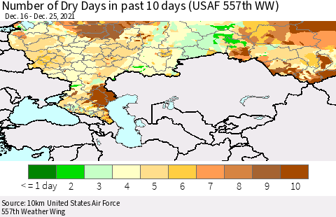 Russian Federation Number of Dry Days in past 10 days (USAF 557th WW) Thematic Map For 12/21/2021 - 12/25/2021