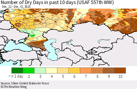 Russian Federation Number of Dry Days in past 10 days (USAF 557th WW) Thematic Map For 12/26/2021 - 12/31/2021
