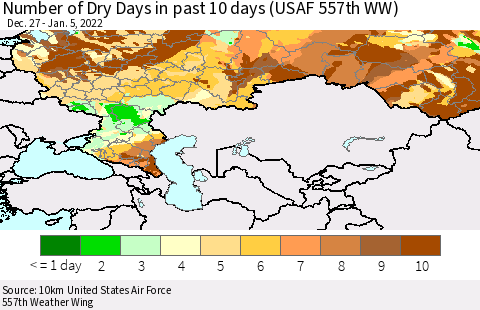 Russian Federation Number of Dry Days in past 10 days (USAF 557th WW) Thematic Map For 1/1/2022 - 1/5/2022