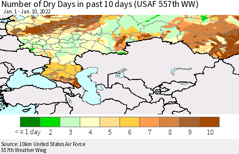 Russian Federation Number of Dry Days in past 10 days (USAF 557th WW) Thematic Map For 1/6/2022 - 1/10/2022