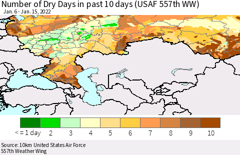 Russian Federation Number of Dry Days in past 10 days (USAF 557th WW) Thematic Map For 1/11/2022 - 1/15/2022