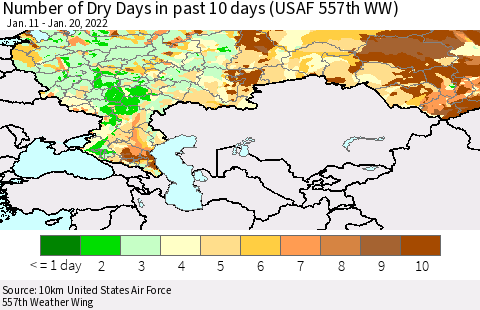 Russian Federation Number of Dry Days in past 10 days (USAF 557th WW) Thematic Map For 1/16/2022 - 1/20/2022