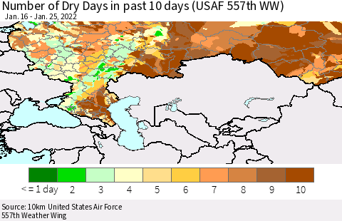 Russian Federation Number of Dry Days in past 10 days (USAF 557th WW) Thematic Map For 1/21/2022 - 1/25/2022