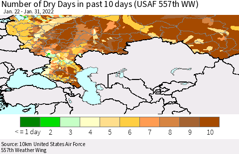 Russian Federation Number of Dry Days in past 10 days (USAF 557th WW) Thematic Map For 1/26/2022 - 1/31/2022