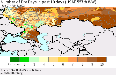 Russian Federation Number of Dry Days in past 10 days (USAF 557th WW) Thematic Map For 2/1/2022 - 2/5/2022