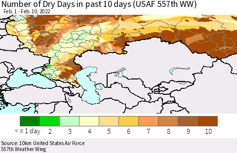 Russian Federation Number of Dry Days in past 10 days (USAF 557th WW) Thematic Map For 2/6/2022 - 2/10/2022
